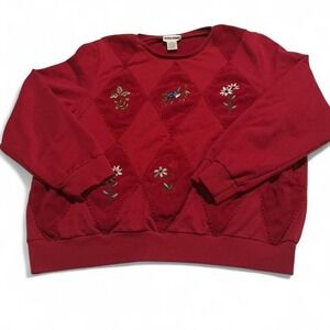 Alfred Dunner Red Argyle Embroidered Bird Flower Sweatshirt Women XL